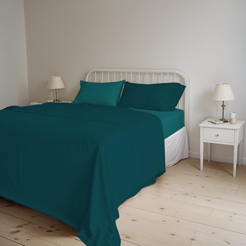 Italian Bed Linen Natural Color Bed Set (Flat 250x300, Fitted Sheet 170x200cm+2 Pillowcases 52x82cm), Petrol Bottle Green, DOUBLE