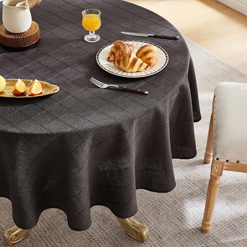 ZeeMart Linen Checked Round Table Cloth 60 Inch Charcoal - 3D Grid Jacquard Texture, Smooth Edge Draping, Water???Resistant Coating, Easy???Clean Decorative Dining Table Cover