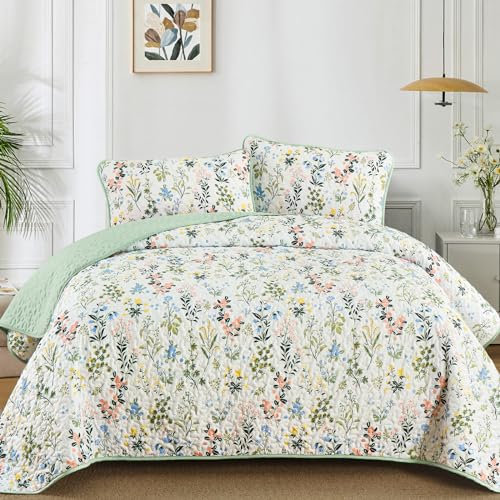 "Anibedding Floral Quilt Set Queen Size,3 Pieces Flower Parrten Bedspread Coverlet,Garden Style Soft Lightweight Micorfiber Bedding Set with 2 Pillowcases for All Seaaon.(96""??90"",Green)"