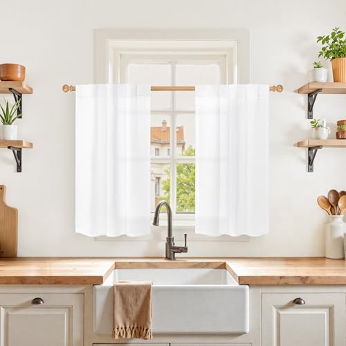 YoungsTex White Linen Kitchen Window Curtains 36 Inch Length Over Sink - Small Semi Sheer Drapes for Cafe Bathroom Windows Rod Pocket Back Tab, 2 Panels, 30 X 36 Inch