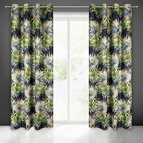 Eurofirany Ingrid Blackout Leaves Jungle Pattern Trend Eyelets Elegant Glamour Bedroom Living Room Graphite + Green 140 x 250 cm