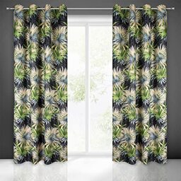 Eurofirany Ingrid Blackout Leaves Jungle Pattern Trend Eyelets Elegant Glamour Bedroom Living Room Graphite + Green 140 x 250 cm