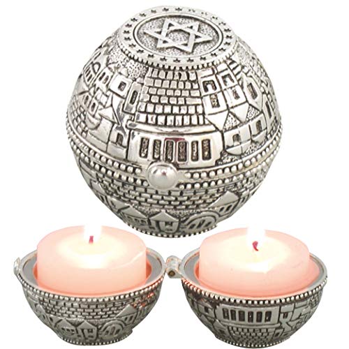"Masoret Jewish Shabbat Metal Travel Candle Holders - Jerusalem Candlesticks, Travel Candle Holders in Box with Lid 2"""