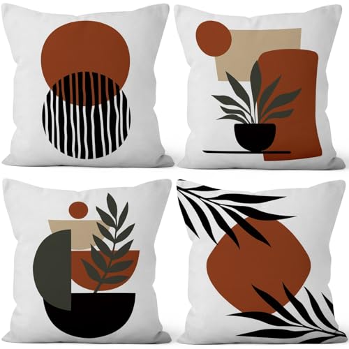 "Vie Savaran Bohemian Abstract Throw Pillow Covers 16""x16"" Set of 4, Boho Minimalist Geometric Sunset Leaves Cushion Cover for Sofa Chair Couch Bed Office Garden Patio Farmhouse Indoor Outdoor"