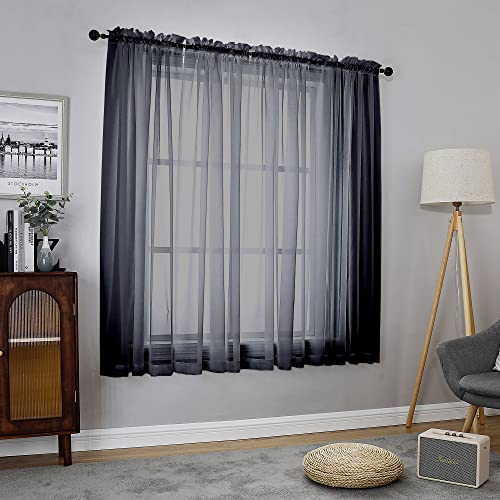Chyhomenyc Black Sheer Window Curtain Panels 54 Inch 2 Panels, Light Filtering Solid Voile Curtains Drapes for Small Window/Bathroom/Living Room/Bedroom, Rod Pocket, Each 42Wx54L