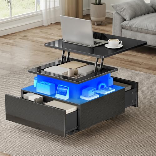 DWVO Lift Top Coffee Table with LED Lights, Modern Black High Gloss Cocktail Table with Adjustable Height, Storage Drawers & Shelves for Living Room, 60 x 60 x 45-58 cm
