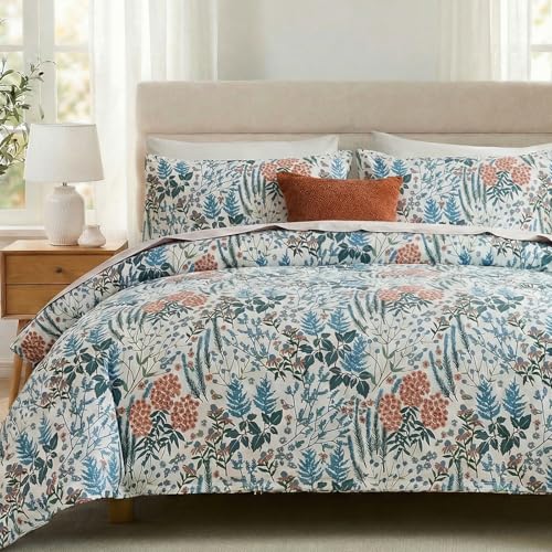 Cozeline 100% Cotton Duvet Cover Queen Size, Blue and Red Floral Bedding Set with Zipper Closure, 3 Pcs Breathable and Soft Botanical Duvet Cover for All Season