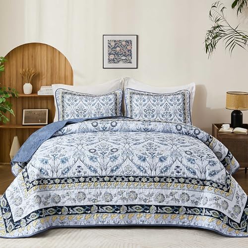 "DJY Queen Size Quilt Sets, Navy Blue Floral Quilt Set Queen 3 Pieces Boho Bedspread Coverlet Set with 2 Pillowcases Soft Lightweight Microfiber Bedding for All Season (96""x90"")"