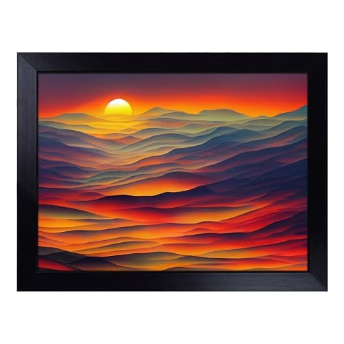 Lap Tray with Bean Bag Cushion, Blooming Mountain Sunset - Handmade in the UK, Raised Wooden Edge, Padded Cushion, Heat-Resistant Wipe-Clean Surface, for Meals, Laptops and Crafts