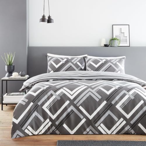 GC GAVENO CAVAILIA Geometric Duvet Cover King Size Bed Set, Reversible Bedding & Linen Set, Breathable Quilt Cover King (230x220 cm), Charcoal Bed Covers