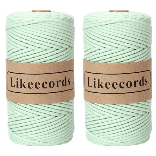 Likeecords Braided Cotton Cord Set - 3mm, 200m each, Macrame Rope for Crafts, Wall Hanging, Plant Hangers, Knitting (Green)