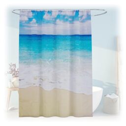 Relaxdays Shower Curtain, Sandy Beach, 180 x 200 cm, Mould Resistant, Washable, 12 Rings, for Bathtub, Multicoloured