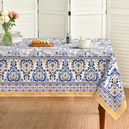 Horaldaily Arabesque Rectangular Table Cloth 60??120 Inch, Yellow and Blue Floral Rustic Washable Table Cover for Party Picnic Dinner Decor