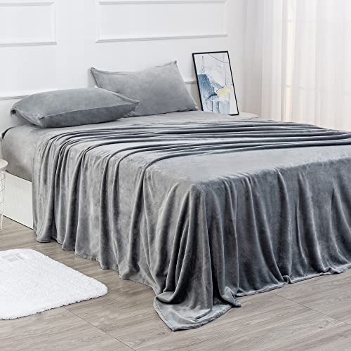 Micro Fleece Sheets Set Queen Size ??? No Pilling and Extra Soft Bed Sheets Set ??? Velvet Plush and Cozy Warmth Sheets with Deep Pocket (Queen, Grey 4 Piece)