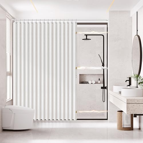 "AJAZZ Magnetic Folding Shower Curtains Fabric Polyester Material Shower Curtain Hook Waterproof Shower Curtain Suitable For Family Hotel Homestay (White,77"" W x 72"" L) 1 Panel"