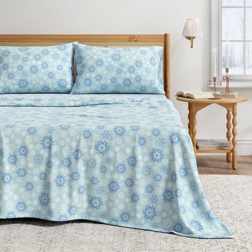 Great Bay Home 100% Turkish Cotton Full Kids Holiday Flannel Sheet Set - Deep Pocket Fitted Sheet, Soft Sheets - Warm Winter Bed Sheets - Anti-Pill Flannel Sheets (Full, Blue Snowflake)