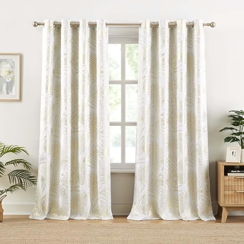 Ronaldecor Full Blackout Curtains for Bedroom Gold Tropical Leaf Curtain Panels Darkening Thermal Insulated Soundproof Grommet Top Window Treatments Set, 52x95Inch, 2 Panels