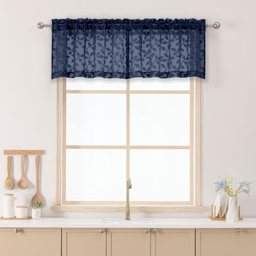 "Chyhomenyc Navy Blue Sheer Valances for Windows 14 Inch Length 2 Pcs, Light Filtering Leaf Textured Cafe Short Kitchen Curtains, Top Small Curtain for Living Room Bedroom Basement, 42"" W x 14"" L"