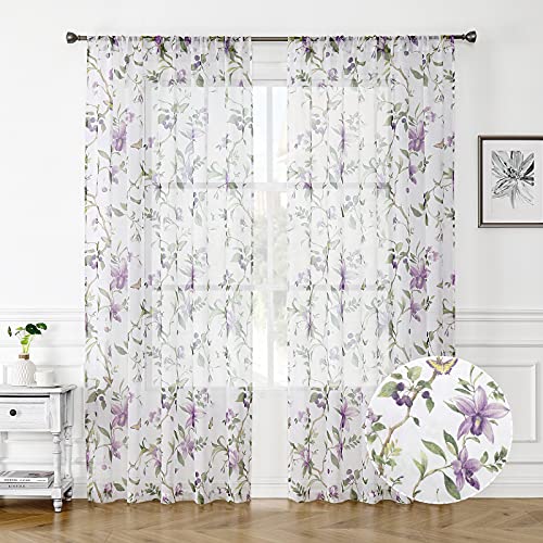 Tollpiz Floral Sheer Curtain Purple Cherry Flower Butterfly Print Bedroom Curtains Rod Pocket Voile Linen Look White Sheer Curtain for Living Room, 54 x 95 inches Long, Set of 2 Panels