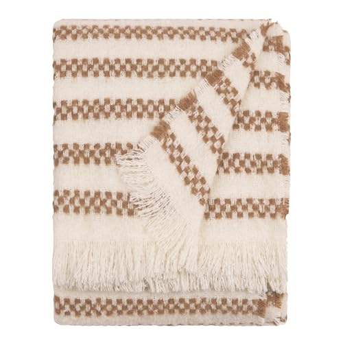 furn. Hoem Clyne Throw – Soft Textured Check Stripe Tasselled Blanket (Brown – 130x180cm)