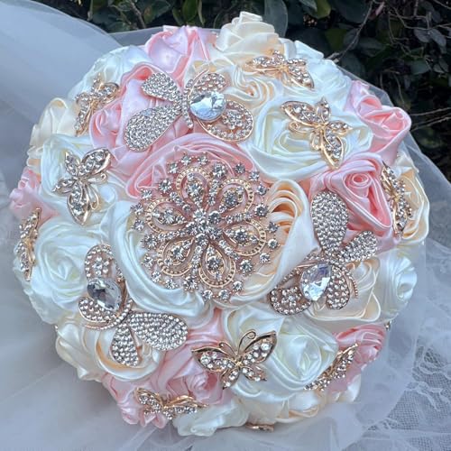 "Mhojpik Handmade Wedding Flowers Bouquet Round Holding Bridal Bouquet Toss Artificial Rose Bunch for Bride Bridesmaid Wedding Quinceanera (Light Salmon, Ivory & Cream, 8.7"")"