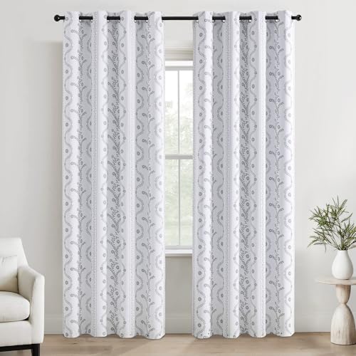 LIMON HOME White Printed Blackout Curtains for Living Room 80 Inch Long - 100% Black Out Curtains