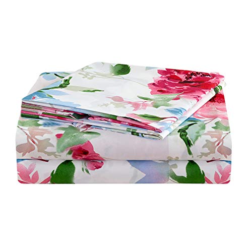 "JSD Floral Print Sheet Set King, 4 Piece Brushed Microfiber Hotel Quality Bedding Sheets 15"" Extra Deep Pocket, Soft Durable Wrinkle Free"