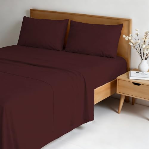Water Washed Double Bed 4-Piece Bedding Set: Fitted Sheet 170 x 200 cm, Flat Sheet 240 x 270 cm, 2 Pillowcases - Bordeaux