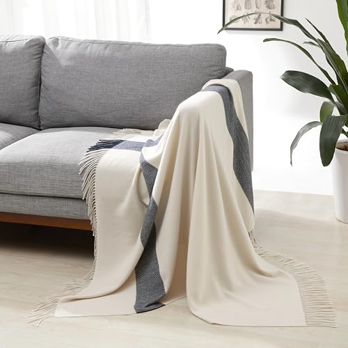 Amazon Basics Lightweight Recycled Polyester Sofa Throw Blanket, Bed Throw for Room Décor, 127 x 152 cm, Ivory With Blue Cross-check Pattern