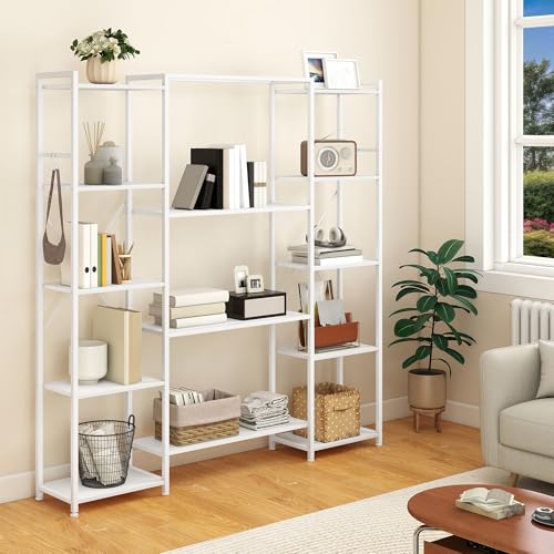 YITAHOME Industrial Bookcase 73 cm Wide, Standing Open Wooden and Metal Frame with 13 Shelves, Display Shelf for Living Room, Home Office, Pure White