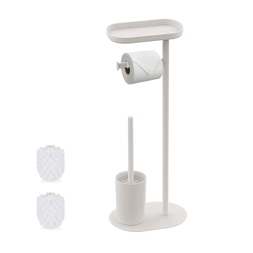 Relaxdays toilet set, HWD: 67 x 23 x 17 cm, freestanding toilet paper holder, toilet brush, shelf, 2 heads, white