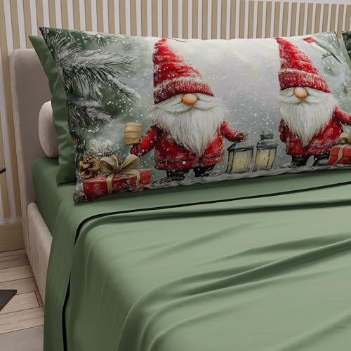PETTI Italian Artisans - Cotton Sheets with Christmas Digital Print Pillowcases, Christmas Double Bed Sheets, Christmas Double Bed Set, Gnome 02 Green, 100% Made in Italy