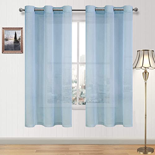 DWCN Sky Blue Faux Linen Sheer Curtains - Grommet Voile Window Curtain Drapes for Bedroom Living Room 46 x 63 inch Length, Set of 2