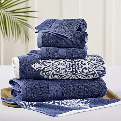 Amrapur Overseas - Artesia Damask 6 Piece Reversible Yarn Dyed Jacquard Towel Set (Indigo)