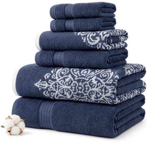 Amrapur Overseas - Artesia Damask 6 Piece Reversible Yarn Dyed Jacquard Towel Set (Indigo)