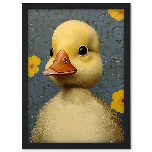 Artery8 Duckling with Flowers Oil Painting Kids Bedroom Baby Nursery Duck Artwork Framed A3 Wall Art Print