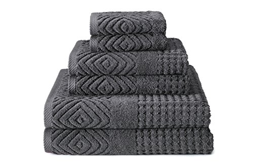 Texere 100% Organic Cotton Diamond Jacquard 700 GSM Luxury Bath Towel Sets - Ultra Soft and Absorbent Hotel Quality, 2 Large Bath Towels, 2 Hand Towels, 2 Washcloths (Diamond, Charcoal, 6 Piece)