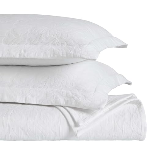 Superior 3 Piece Cotton Bedspread Set, Home Bed Decor, Decorative Bed Spread, 2 Pillow Shams, Medium Weight Blanket, Matelasse Coverlet, Bedding Essentials, Hibiscus Collection, Queen, White