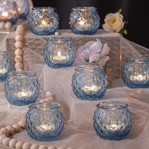 DARJEN 12Pcs Blue Votive Candle Holders - Round Glass Candle Holders Bulk for Tea Light Candle, Diamond Texture Candle Votives for Wedding Centerpiece, Party & Home Decor
