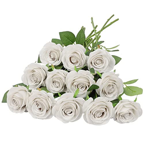 JUSMAI 12pcs Roses Artificial Flowers Nude Silk Roses with Long Stems Fake Flowers for Wedding Bouquet Centerpices Decorations Party Bridal Baby Shower Home Decor