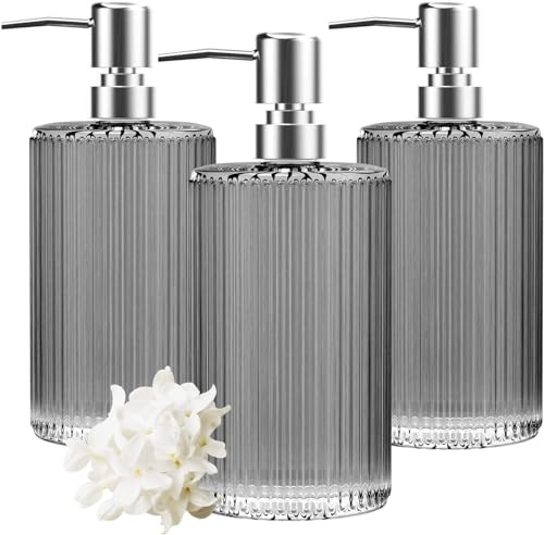 HIYAA 3 Pack Glass Soap Dispenser 17 Oz Versatile Lotion Liquid Soap Dish Dispenser Hand Soap Dispenser with Pump for Bathroom, Countertop, Kitchen, Laundry Room (Grey) (3P-Grey)