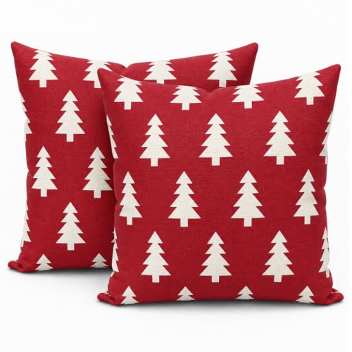 HERHOME Crimson Red Christmas Tree Farmhouse Decorative Throw Pillow Covers 18 x 18 Set of 2, Outdoor Cushion Cases for Home Bed Couch Sofa XHP-288-18