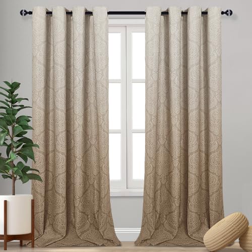 DWCN Ombre Blackout Curtains for Living Room - Thermal Insulated Block Light Energy Saving Privacy Gradient Damask Grommet Window Curtains for Bedroom, Set of 2 Panels, 52 x 102 Inch Length, Taupe