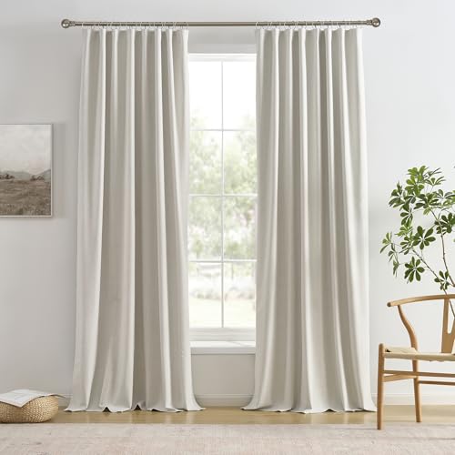 "RAIN CITY 104 Inch Long Black Out Curtains 2 Panels Custom Drapery Neutral Blackout Pleated Ceiling Track Curtain for Dining Room Linen Textured Back Tab with Hooks 50""x104"""