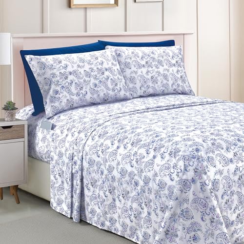 Elegant Comfort Amelia Paisley Printed 6-Piece Sheet Set, Deep Pocket 1500 Premium Hotel Quality, Fade and Wrinkle Resistant, Fitted Sheets with Smart Pockets, Paisley Sheet Set, Queen, Midnight Blue