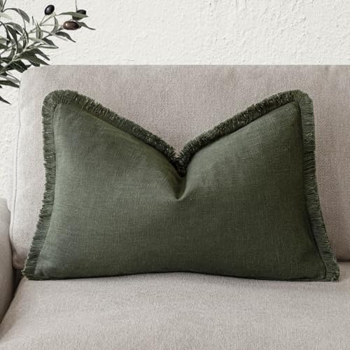 Foindtower Decorative Linen Fringe Throw Pillow Covers Cozy Boho Farmhouse Cushion Cover with Tassels Soft Accent Pillowcase for Chair Sofa Bed Living Room Home Decor, 12??24 Inch, 1PC,Dark Olive Green