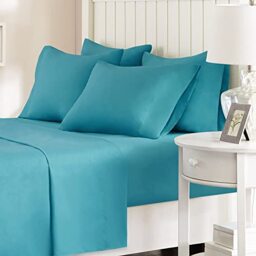"Comfort Spaces Microfiber Bed Sheets Set 14"" Deep Pocket, Wrinkle Resistant, All Around Elastic - Year-Round Cozy Bedding Sheet, Matching Pillow Cases, Twin XL, Teal 4 Piece"