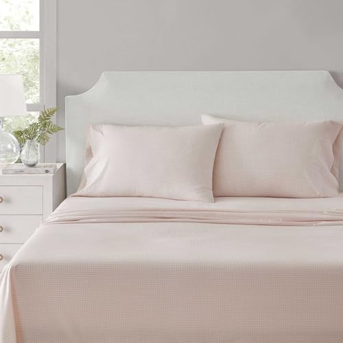 Martha Stewart - King Size Sheets Set, Crisp & Tailored Cooling Sheets w/a Naturally Smooth Cotton Percale Lightweight Feel - Bed Sheets with Matching Pillowcases & Fitted Sheet (Small Gingham Pink)