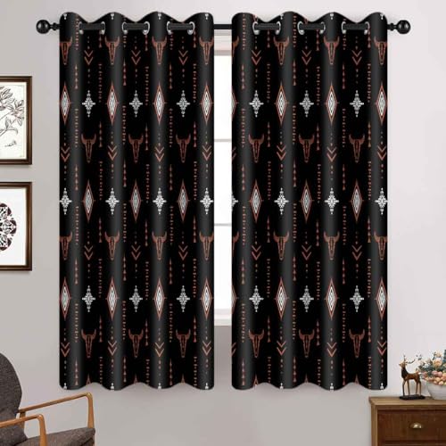 Tribal Aztec Curtains Western Bull Skull, Orange Black White, 52x63in - Boho Rustic Blackout Window Drape for Bedroom Kitchen, Cowboys Native Ethnic Living Room Curtain 63 inches Long, 2 Panels