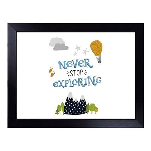 Lap Tray with Bean Bag Cushion, Never Stop Exploring Typography Quote - Handmade in the UK, Raised Wooden Edge, Padded Cushion, Heat-Resistant Wipe-Clean Surface, for Meals, Laptops and Crafts